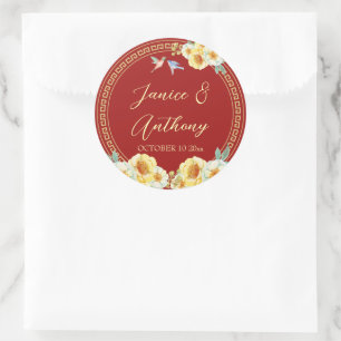 Rode bloemenvogels Chinese bruiloft Ronde Sticker