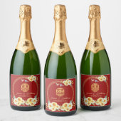 Rode bloemenvogels Chinese bruiloft Sparkling Wijnetiket (Flessen)