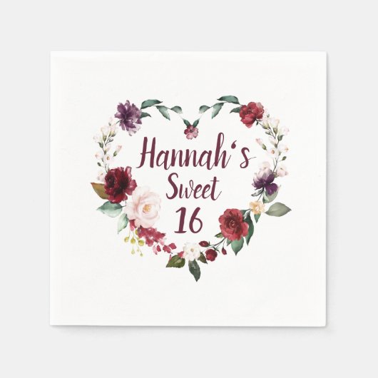 Rode bloemhart Sweet 16-feest Servet (Voorkant)
