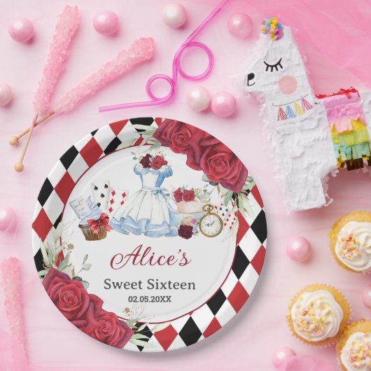 Rode bloemige Alice in Wonderland verjaardag thee Papieren Bordje (Feest)