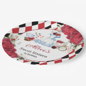 Rode bloemige Alice in Wonderland verjaardag thee  Papieren Bordje (Gekanteld)