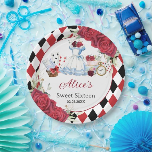Rode bloemige Alice in Wonderland verjaardag theep Papieren Bordje (Feest)