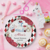 Rode bloemige Alice in Wonderland verjaardag theep Papieren Bordje (Feest)