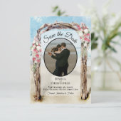 Rode Bloemige Aquarel Strandprieel & Foto Bruiloft Save The Date (Staand voorkant)