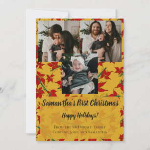 Rode bloemige baby's 1e kerst 3 foto naam goud kaart
