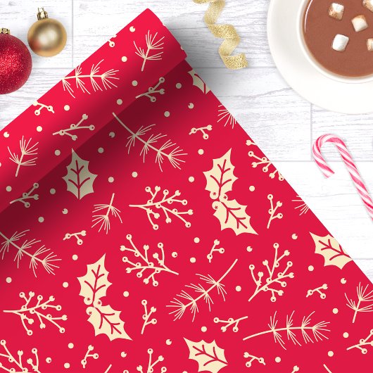 Rode bloemige blad botanische Kerstmis Cadeaupapier