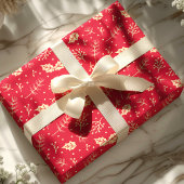 Rode Bloemige Blader Botanische Kerstmis Cadeaupapier