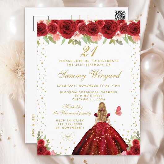 Rode bloemige blonde haren prinses verjaardagsfees briefkaart