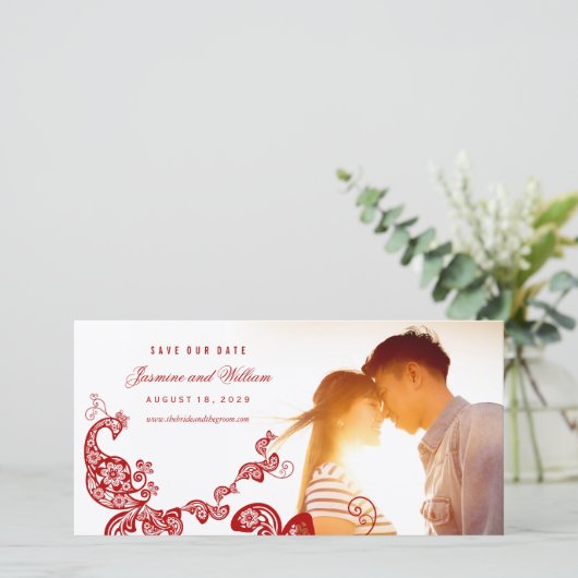 Rode Bloemige Boho Pauw Oosterse Chic Aziatische T Save The Date (Staand voorkant)