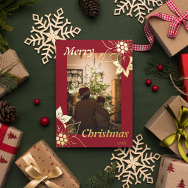 Rode Bloemige Elegante Prettig Kerstfeest Portret  Folie Feestdagenkaart