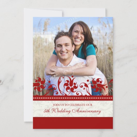 Rode Bloemige Foto 5de Verjaardagsuitnodiging Kaart (Voorkant)