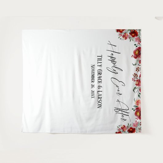 Rode bloemige Happily Ever After-foto-achtergrond Wandkleed (Voorkant (horizontaal))