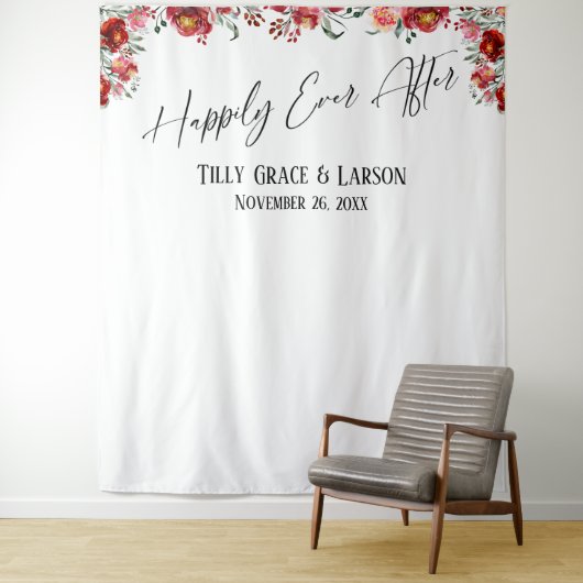 Rode bloemige Happily Ever After-foto-achtergrond Wandkleed (In situ)