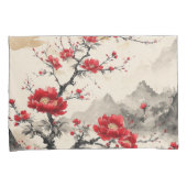 Rode Bloemige Japanse Landschap Kussensloop (Voorkant-Rechts)