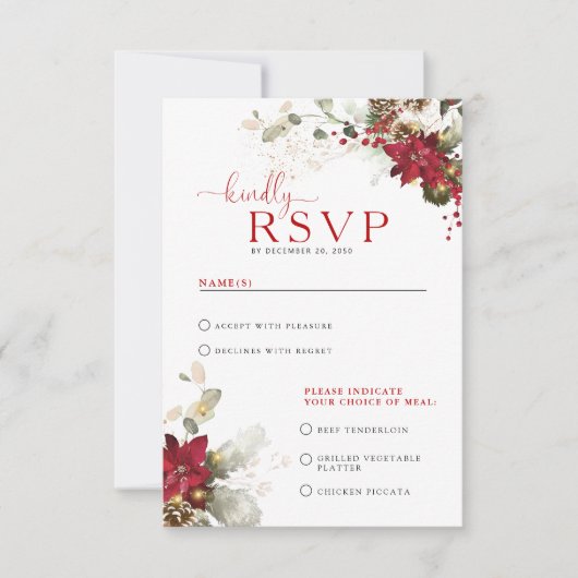 Rode bloemige Kerst Huwelijk RSVP Kaart (Voorkant)
