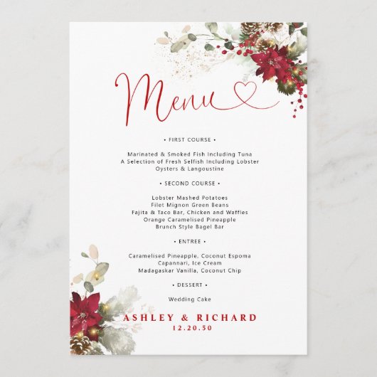Rode Bloemige Kerst Huwelijksmenu Menu (Voorkant)