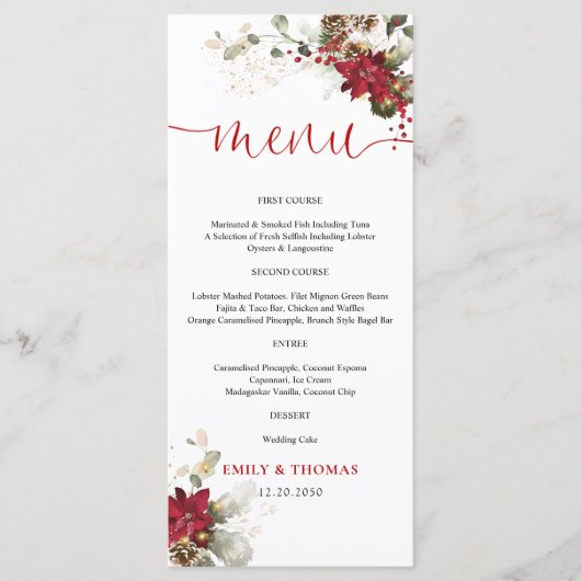 Rode Bloemige Kerst Huwelijksmenu Menu (Voorkant)