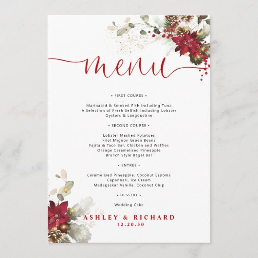 Rode Bloemige Kerst Huwelijksmenu  Menu (Voorkant)