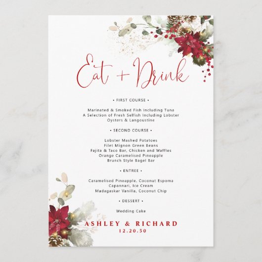 Rode Bloemige Kerst Huwelijksmenu Menu (Voorkant)