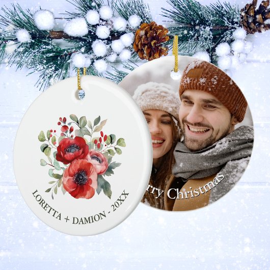 Rode Bloemige Kerst Keramisch Ornament