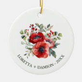Rode Bloemige Kerst Keramisch Ornament (Voorkant)
