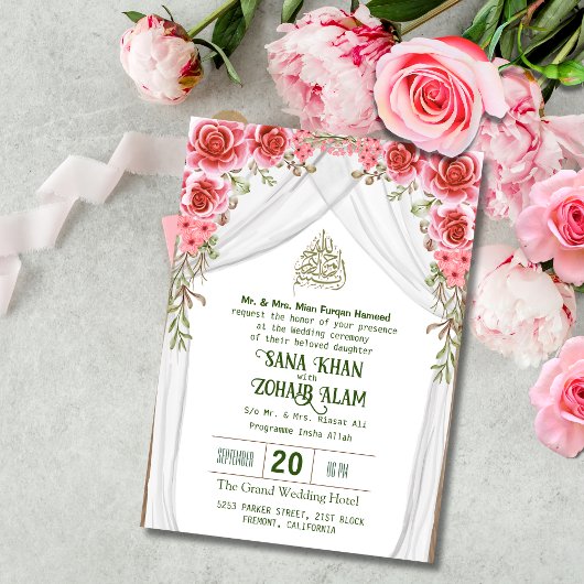 Rode bloemige Nikah islamitische trouwuitnodiging Kaart