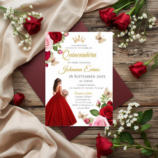 Rode bloemige Quinceanera Kaart