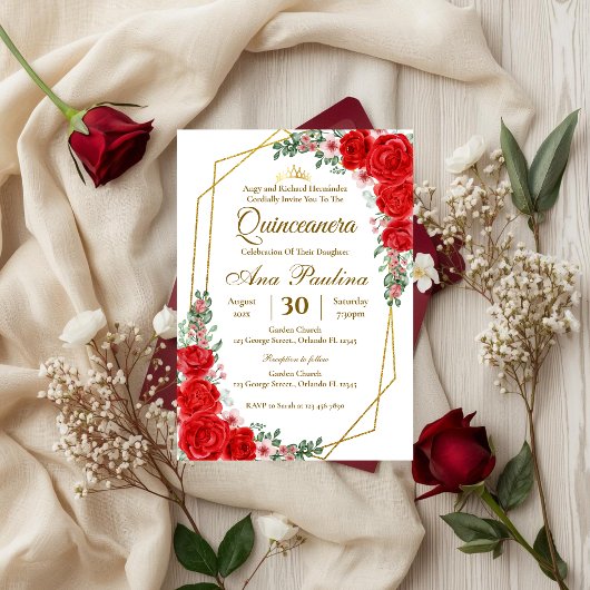 Rode bloemige Quinceañera uitnodiging