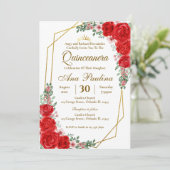 Rode bloemige Quinceañera uitnodiging (Staand voorkant)