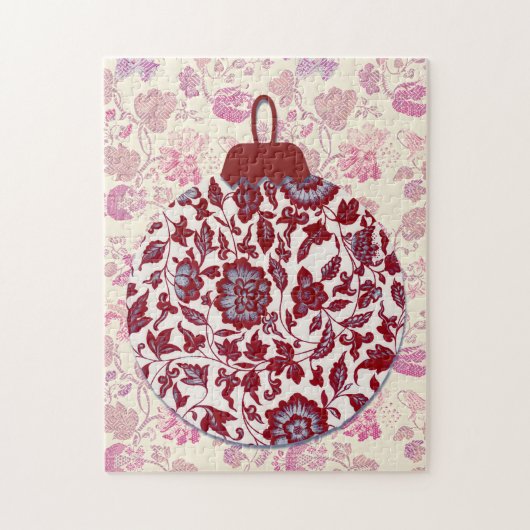 Rode Bloemige Vintage Kunst Kerstpuzzel Legpuzzel (Verticaal)