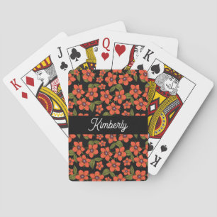 Rode Bloemige Waterverf Monogram Naam Pokerkaarten