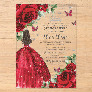 Rode bloemige zilveren vlinders Quinceañera Sweet Acryl Uitnodigingen