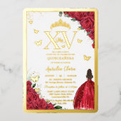 Rode Bloemjurk Quinceañera Quince 15 XV Gold Folie Uitnodiging (Voorkant)