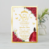 Rode Bloemjurk Quinceañera Quince 15 XV Gold Folie Uitnodiging (Staand Voorkant)