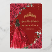 Rode Bloemjurk Quinceañera Quince 15 XV Gold Folie Uitnodiging (Achterkant)