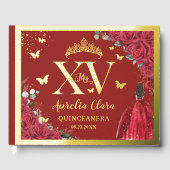 Rode Bloemjurk Quinceañera Quince 15 XV Gold Gastenboek (Voorkant)