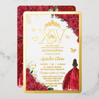 Rode bloemjurk Quinceañera Quince 15 XV Goud Folie Uitnodiging