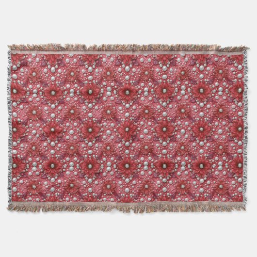 Rode Bloemmotief Met Parelaccenten Deken (Voorkant)