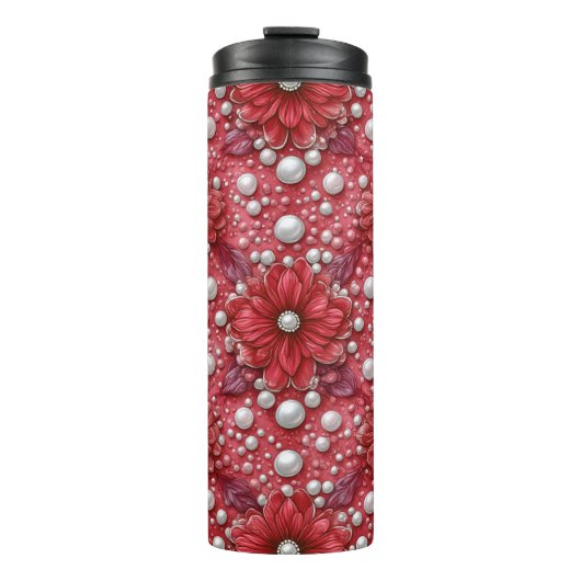 Rode Bloemmotief Met Parelaccenten Thermosbeker (Voorkant)