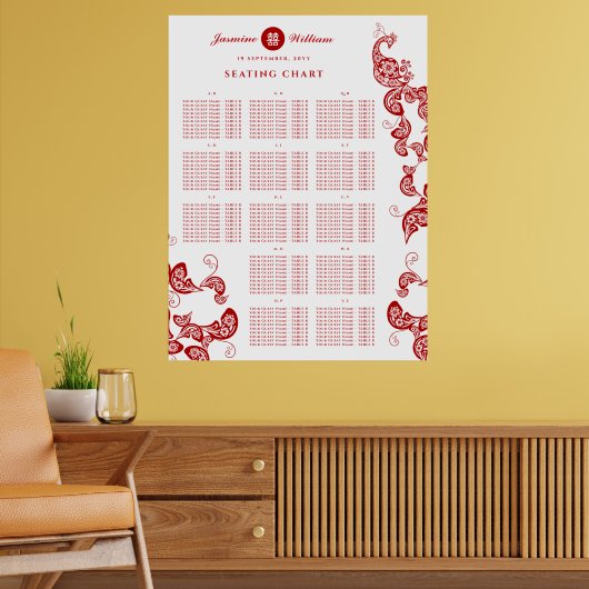 Rode Bloemrijke Boho Chic Pauw Trouwstoelindeling Poster (Woonkamer 2)