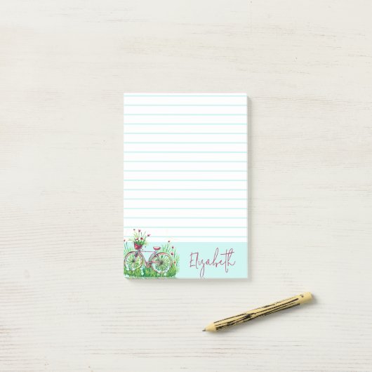 Rode bloemrijke fiets gepersonaliseerd post-it® notes (Op bureau)