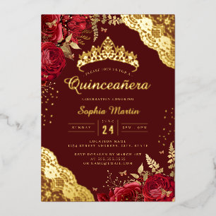 Rode bloemrijke kant Quinceanera Folie Uitnodiging