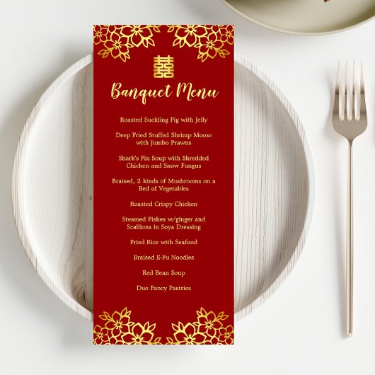 Rode bloemrijke moderne Chinese bruiloftsbanket Menu
