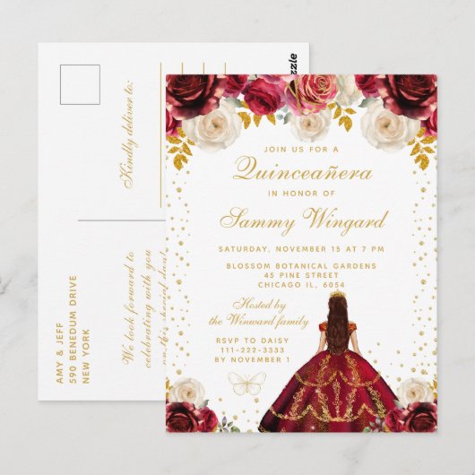Rode bloemrijke prinses Quinceañera Briefkaart (Voorkant / Achterkant)