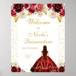 Rode bloemrijke prinses Quinceañera welkom Poster