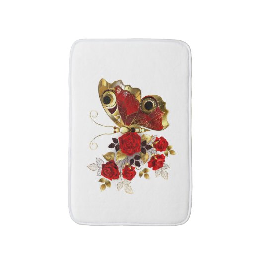 Rode bloemvlinder met rode rozen badmat (Voorkant Verticaal)