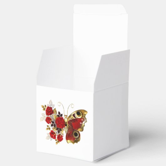 Rode bloemvlinder met rode rozen bedankdoosjes (Geopend)