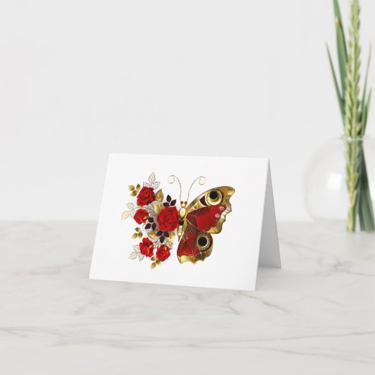 Rode bloemvlinder met rode rozen bedankkaart (Voorkant)