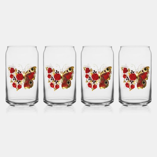Rode bloemvlinder met rode rozen blikvorm glas (Voorkant)