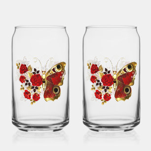 Rode bloemvlinder met rode rozen blikvorm glas